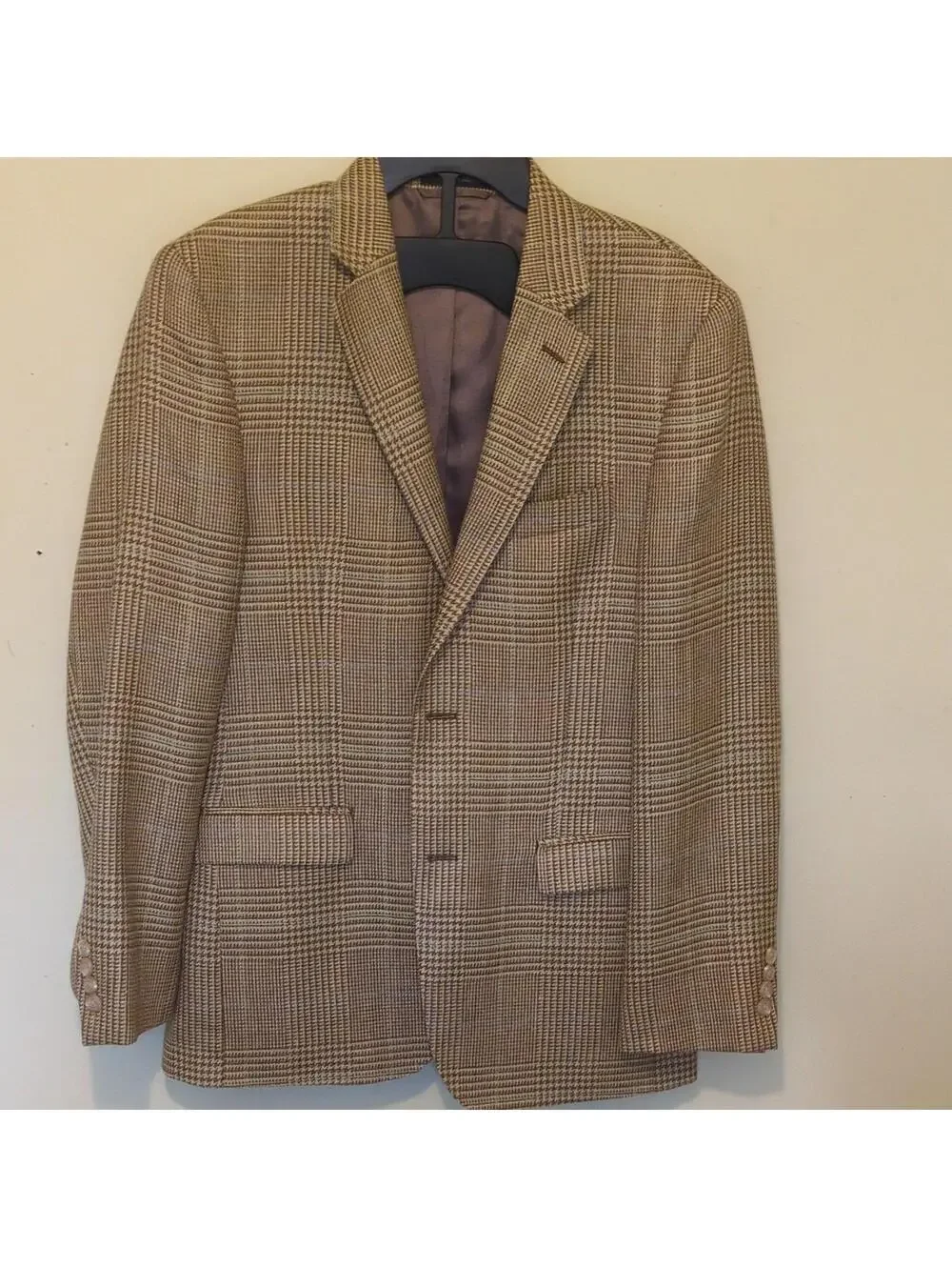 Lauren Ralph Lauren Slim Fit Brown Beige Plaid Wool Silk Linen Suit  Jacket 39R